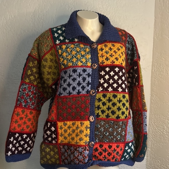 PATCHWORK HANDMADE 100% wool heavy cardigan M /L as is - Picture 2 of 13